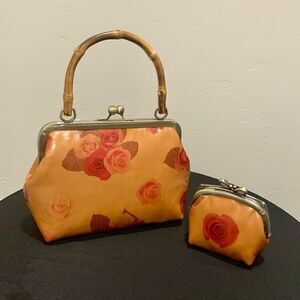 Handmade Genuine Leather Rose Print Real Bamboo Handle Bag & Small Purse